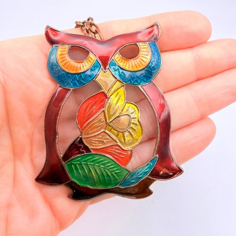 VTG Large Cloisonné Owl Statement Pendant Necklace Copper Multicolor Boho 1970s